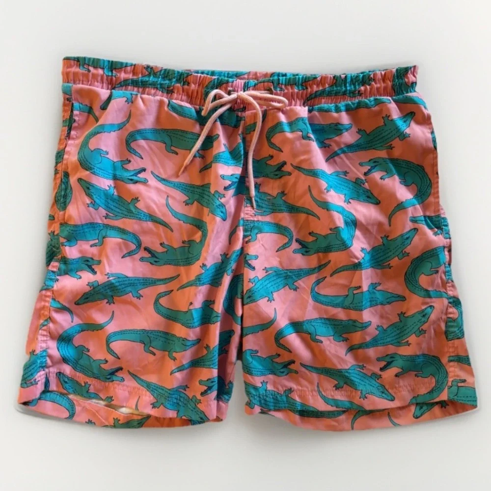 Club Room Mens Alligator Swim Trunks Large Pink Teal‎ Elastic Waist Pockets